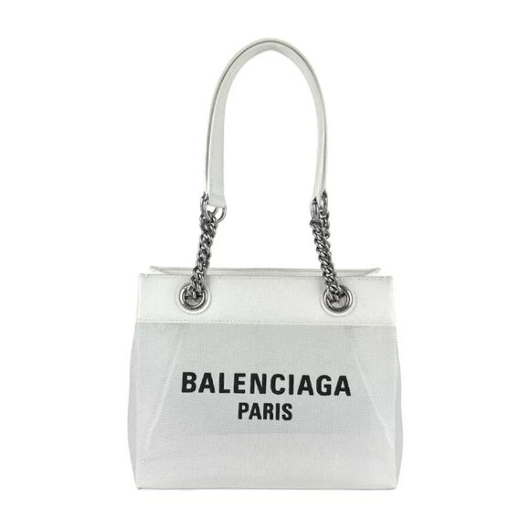 Auth BALENCIAGA Duty Free Shoulder Bag White Leather/Silvertone - z3546 - Picture 1 of 13
